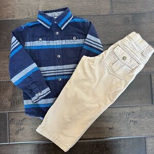 ❤️3/$30 Gymboree Boys Navy Blue Striped Button-Up Shirt & Khaki Pants Set - 3T